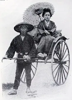 Tokyo Prints: Traditional human drawn carriage in Tokyo; Japan 1900