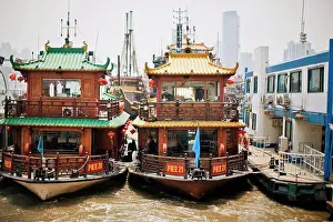 Architectural Prints: Traditional junk boat moored at a wharf