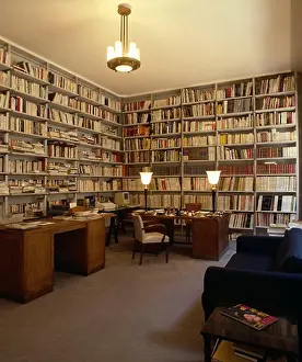 Traditional office with two walls of book shelves and two partner desks