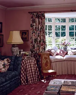 Curtains Prints: Traditional pink country cottage with window seat