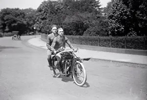 Early 1900s Prints: Transcontinental Motorcyclists Balcer & O'Brien circa 1915 (riding their motorcycle)