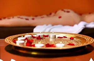 35 39 Years Prints: Tray with candles and petals, Riad Mehdi, Marrakech, Morocco