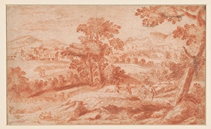 Draughtsman Prints: Tree and hill landscape with hikers