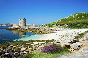 Architectural Prints: Tresco Cromwells Cromwells Cromwells Castle in summer sun sunshine with sandy beach