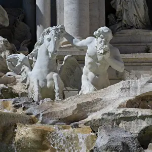 Carved Prints: Trevi Fountain detail with a statue of man with conch and mythical horse with wings; Rome