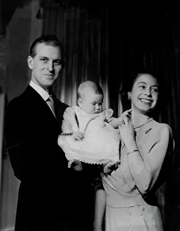 Her Majesty Prints: T.R.H. Princess Elizabeth And The Duke of Edinburgh With Prince Charles