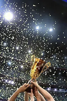 Terrace Prints: Trophy, football stadium, cheering, arms, confetti, stands
