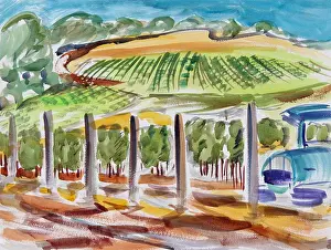 Richard Prints: Truck in a Vineyard, 2017, Richard H. Fox (b.1960/American), Watercolor on Paper