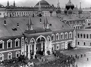 Blackwhite Prints: Tsar Nicholas II and Tsarina Alexandra Fyodorovna at the Chudov Monastery in the Moscow Kremlin by Gribov