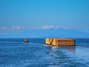 Cargo Prints: A tugboat tows a barge loaded with lumber near Vancouver Island