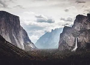 Earth Day Prints: Tunnel View Bridal Veil Falls Yosemite National Park on cloudy day