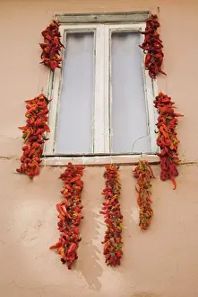 Peppers Prints: Turkey Aydin Province KUSAdasi, Strings of red and orange chili peppers hung up to dry