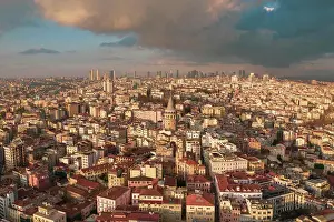 Medieval Prints: Turkey, Istanbul, Aerial view of Beyoglu area and Galata tower at sunset