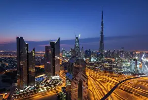 Arabic Prints: UAE, Dubai, Downtown Dubai, eleavted view over Sheikh Zayed Road and Burj Khalifa Tower