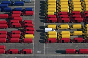 Stationary Prints: UK, Essex, Purfleet Docks, Aerial view of rows of colorful vans
