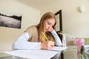 Notebook Prints: UK, Surrey, Girl doing homework at home