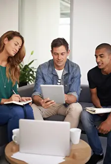 Students Prints: University, students and technology on sofa for project research