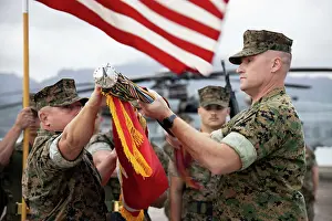 Marines Prints: U.S. Marine Heavy Helicopter Squadron 463 leadership case the colors during the deactivation ceremony for HMH-463