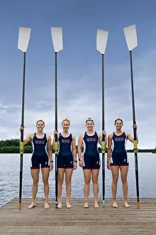 Prepared Prints: USA 2024 Olympic 4- Women's rowers on a dock at the US training center in Princeton