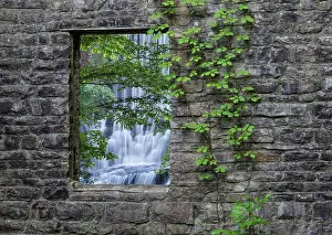 Window Frame Prints: USA, Arkansas, Blanchard Springs, Mirror Lake waterfalls, through window of mill ruins