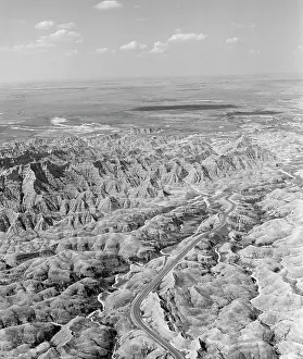 South Dakota Prints: USA, Baslands, South Dakota, aerial view on mountain landscape