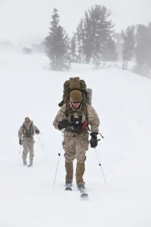 Mist Prints: USA, California, US Marine Sniper Skiing cross country during cold weather