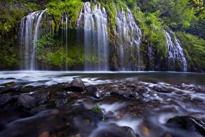Majestic Prints: USA, California, Shasta National Forest, Evening warm light at Mossbrae Falls
