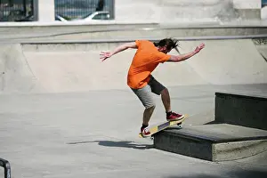 Balance Prints: USA, California, Ventura, Man skateboarding in skate park