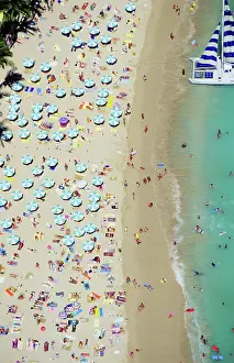 Honolulu Prints: USA, Hawaii, Oahu, Honolulu, Aerial view of tourists on Waikiki Beach; Waikiki