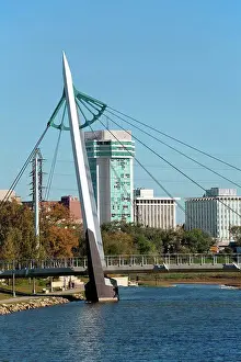 Cityscape Prints: USA, Kansas, Wichita, Riverfront Pedestrian Bridge over Arkansas River