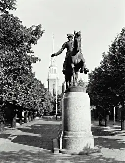 Boston Prints: USA, Massachusetts, Boston, Low angle view of Paul Revere Statue