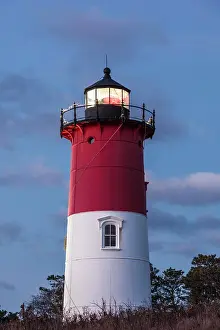 Massachusetts Prints: USA, Massachusetts, Cape Cod, Eastham. Nauset Light with Christmas wreath at dawn