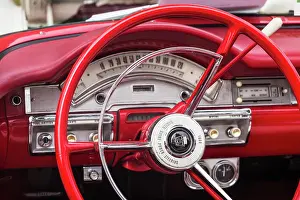 Massachusetts Prints: USA, Massachusetts, Essex. Antique cars, 1950's-era steering wheel interior detail