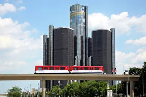 Public Transport Prints: USA, Michigan, Detroit, Train on monorail in front of Renaissance Center