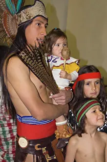 USA, New Mexico, Santa Fe, Aztec Indian family in festival dress