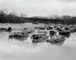 New York State Prints: USA, New York, Binghamton, Old cars in the river