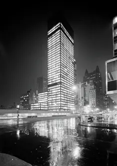 Illumination Prints: USA, New York City, Seagram Building at night after rain