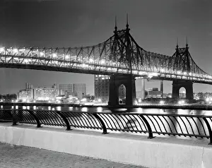 Illumination Prints: USA, New York State, New York City, Night view of Queensboro Bridge