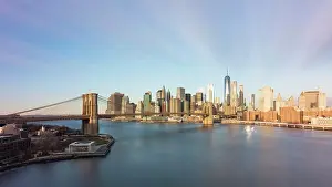 Skyscraper Prints: USA, NY, New York City, Lower Manhattan skyline and Brooklyn Bridge