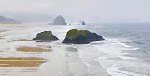 Jaynes Gallery Prints: USA, Oregon, Cannon Beach. Fog rises over coastline at low tide