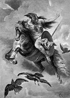 Symbolism Prints: The Valkyrie by Ferdinand Keller, woodcut, 1842-1922, Private Collection