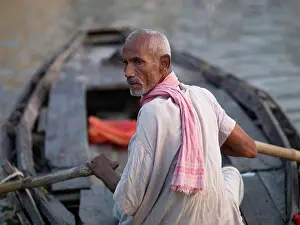 Keith Prints: Varanasi, India;Man rowing a boat on the Ganges River