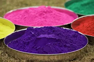 Holi Prints: various gulal powder in plates on holi