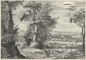 Hague Prints: In a vast, wooded landscape, in the foreground in the center