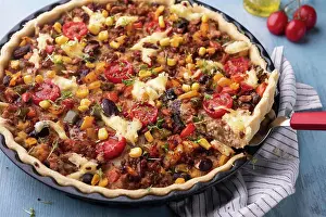 Vegetables Prints: Vegan Mexican Style quiche with soya mince, kidney beans and corn