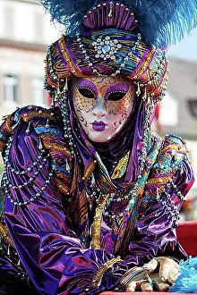 Front Views Prints: Venetian Carnival mask and costume at the Venetian Fair on the historic market square