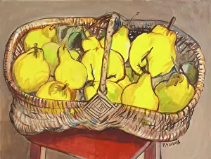 Produce Prints: Vibrant basket of yellow pears captured in a stunning artwork by Isy Ochoa