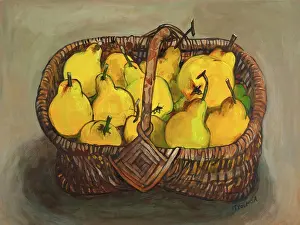Realism Prints: Vibrant basket of yellow pears captured in a stunning still life painting by Isy Ochoa