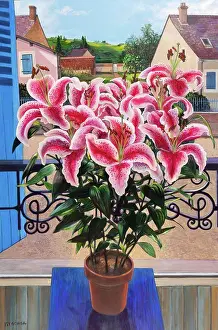 Balcony Prints: Vibrant lilies in a pot brighten a charming village scene by artist Isy Ochoa