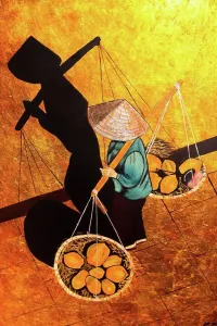 Orient Prints: Vietnam, Tourist Goods, Painting of Vietnamese woman carrying goods in baskets on pole across her shoulders